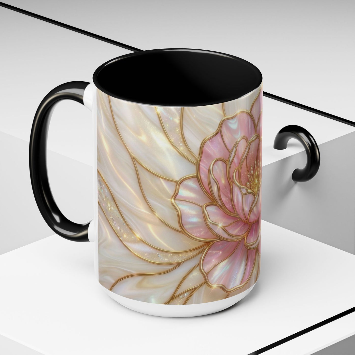 Pink Peony Stained Glass Mug, Gold Floral Coffee Cup, Elegant Flower Gift For Her, Fairycore Tea Cup, Mothers Day Present, Pearl Art Decor