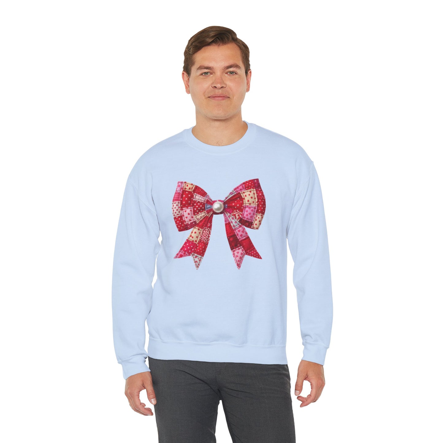 Faux Patchwork Bow Sweatshirt, Quilted Look Bow Crewneck, Pearl Bow Pullover, Cozy Coquette Sweatshirt, Girly Valentine Gift