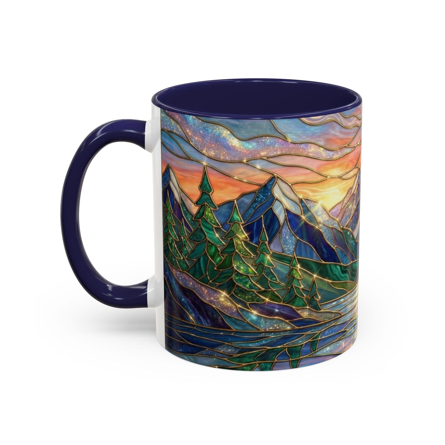 Stained Glass Mountain Mug, Sunset Mountain Landscape Coffee Cup, Nature Ceramic Mug With Forest And River, 11oz 15oz Gift