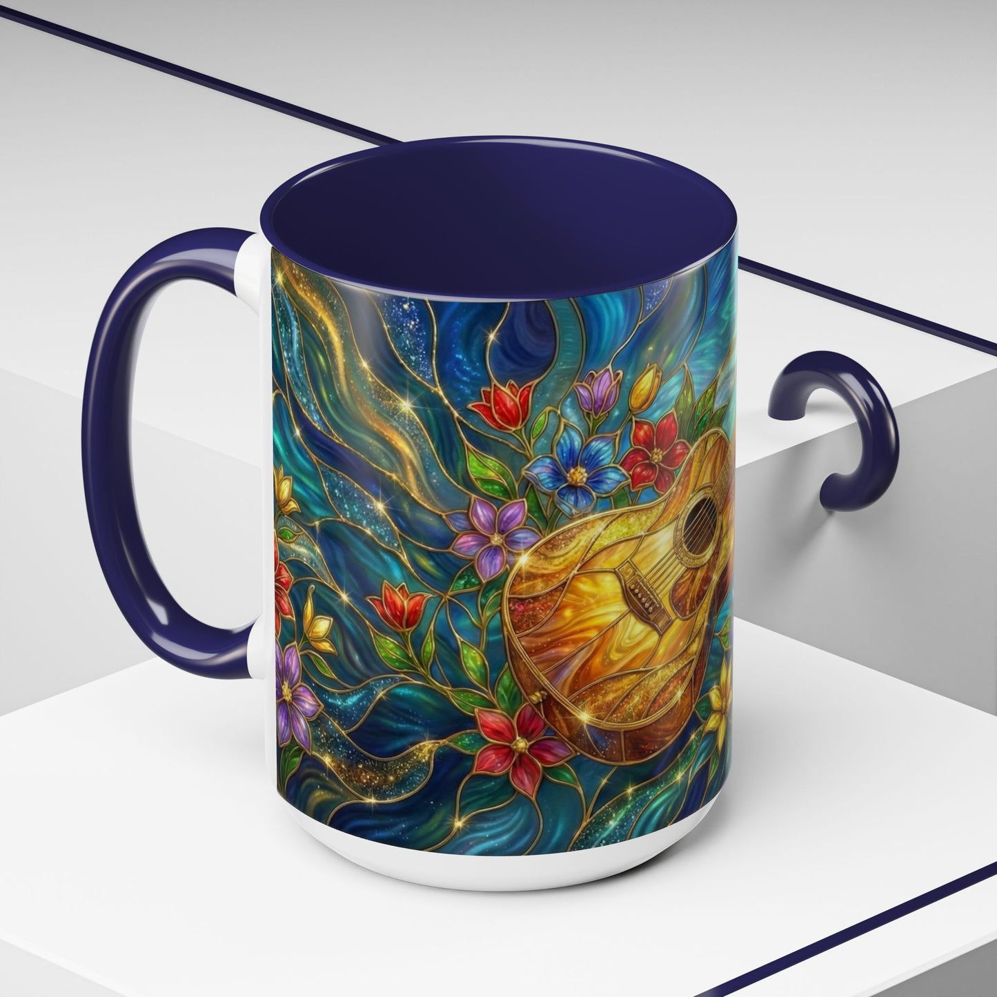 Guitar Coffee Mug, Stained Glass Guitar Art Mug, Music Lover Gift, Floral Acoustic Guitar Mug, Ceramic Coffee Cup, Unique Musician Gift, 11oz
