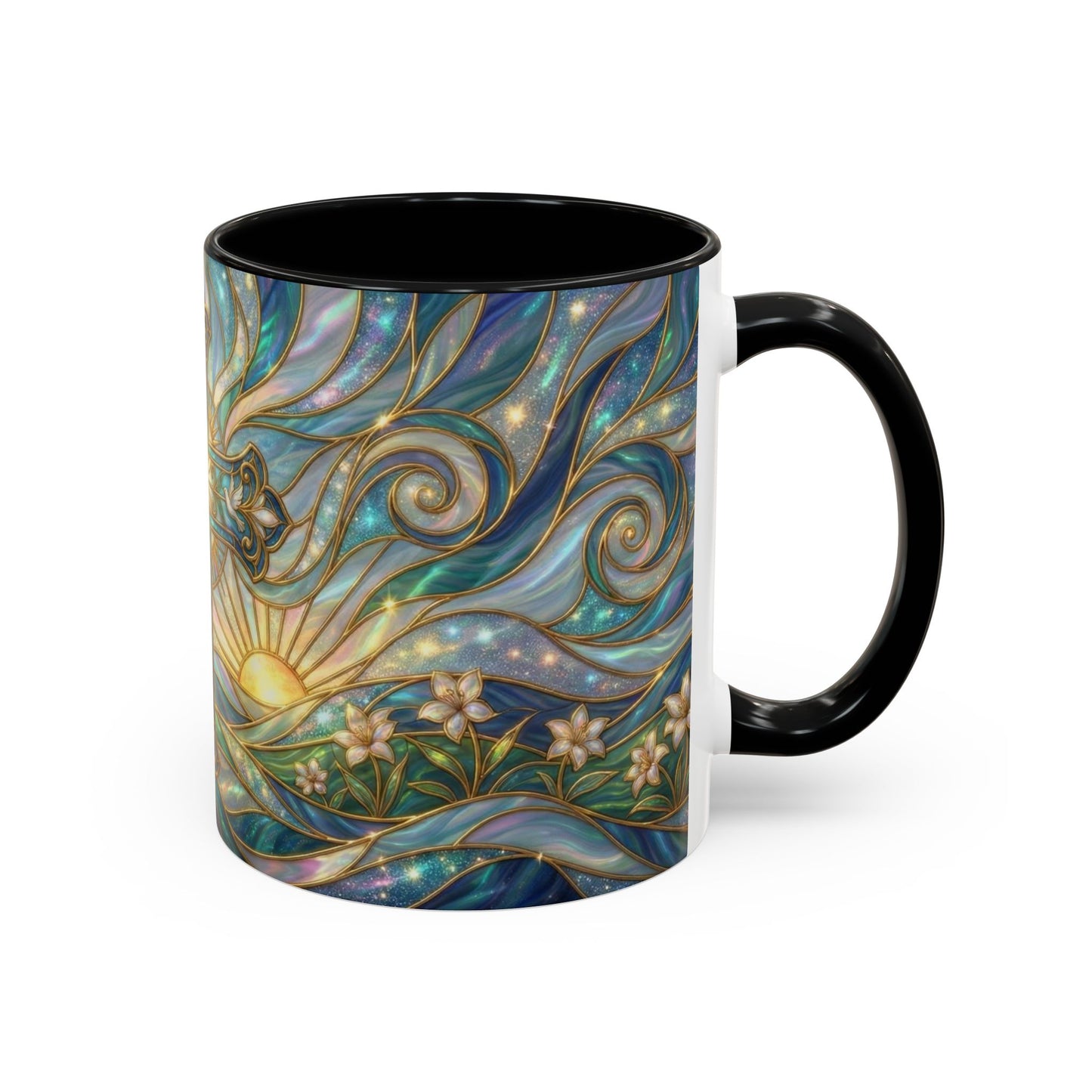 Stained Glass Cross Mug, Christian Coffee Cup, Religious Easter Gift, Celestial Faith Mug, Spiritual Sunrise Cup, Dove Lily Print Mug