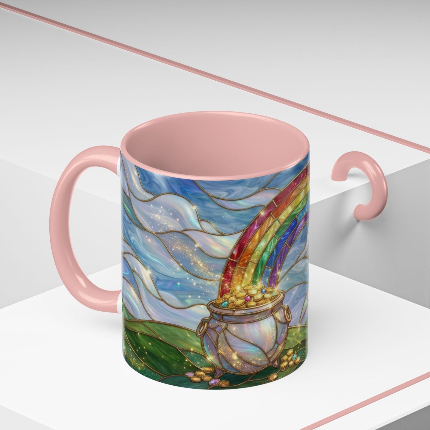 Stained Glass Rainbow Mug, Pot Of Gold Coffee Cup, St Patricks Day Gift, Whimsical Magical Art Mug, Lucky Irish Leprechaun Treasure