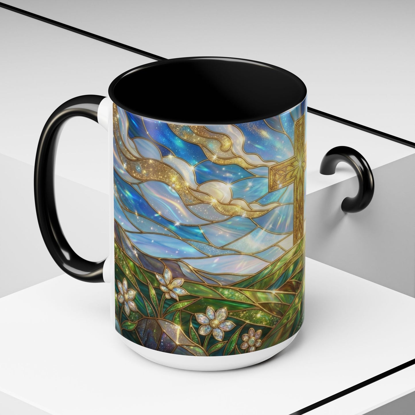 Stained Glass Cross Mug, Christian Coffee Mug, Faith Inspired Art Cup, Religious Gift For Women Men, Inspirational Christian Mug