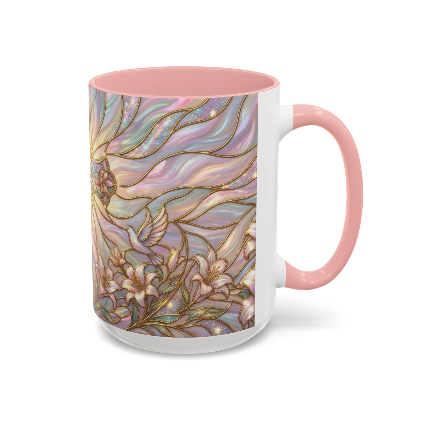Stained Glass Cross Mug, Easter Lily Coffee Cup, Christian Gift for Women, Pastel Religious Drinkware, Dove and Faith Cup, Spiritual
