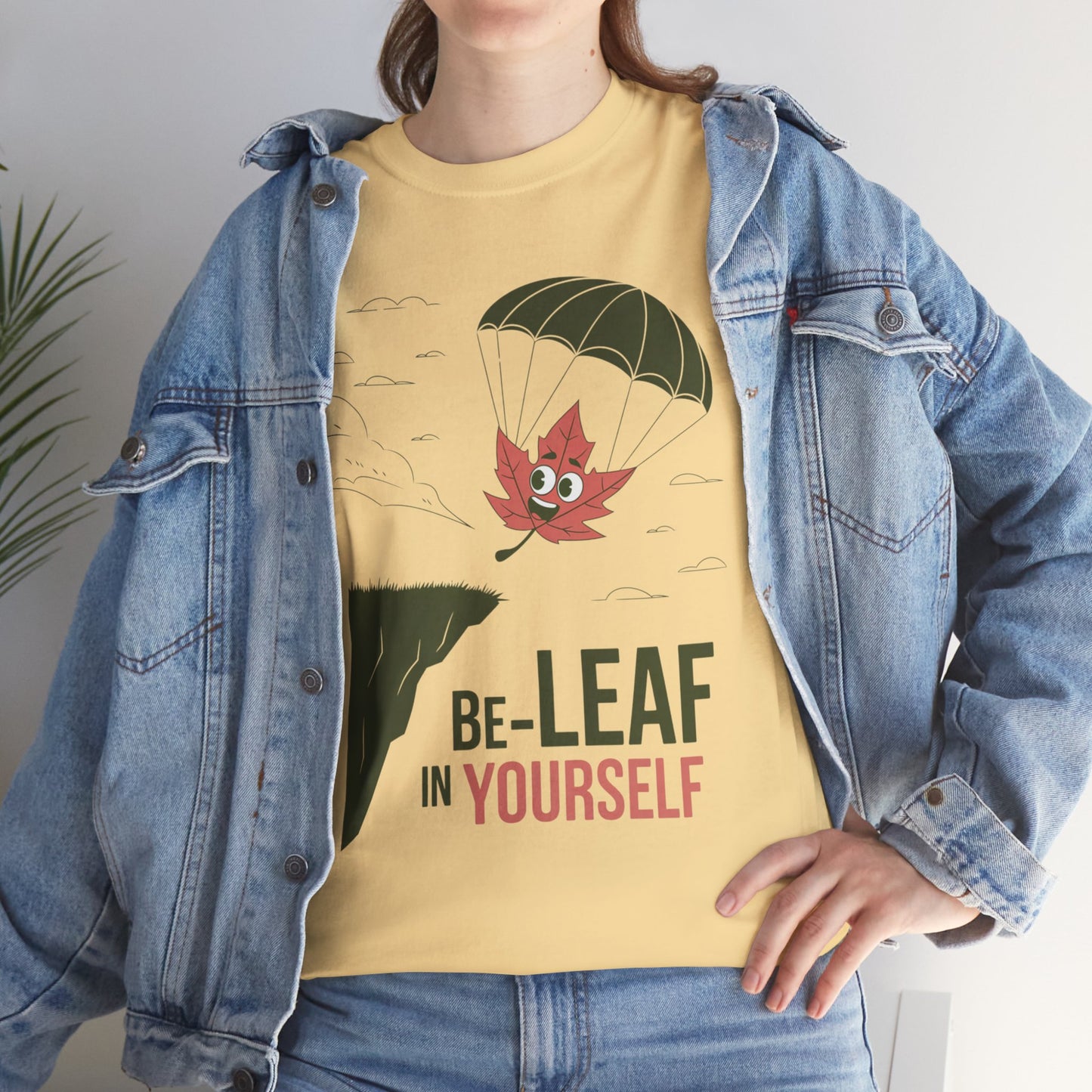 Be-Leaf In Yourself Maple Leaf Parachute T-Shirt | Funny Motivational Nature Graphic Tee | Self-Love Fall Autumn Shirt | Outdoorsy Gift