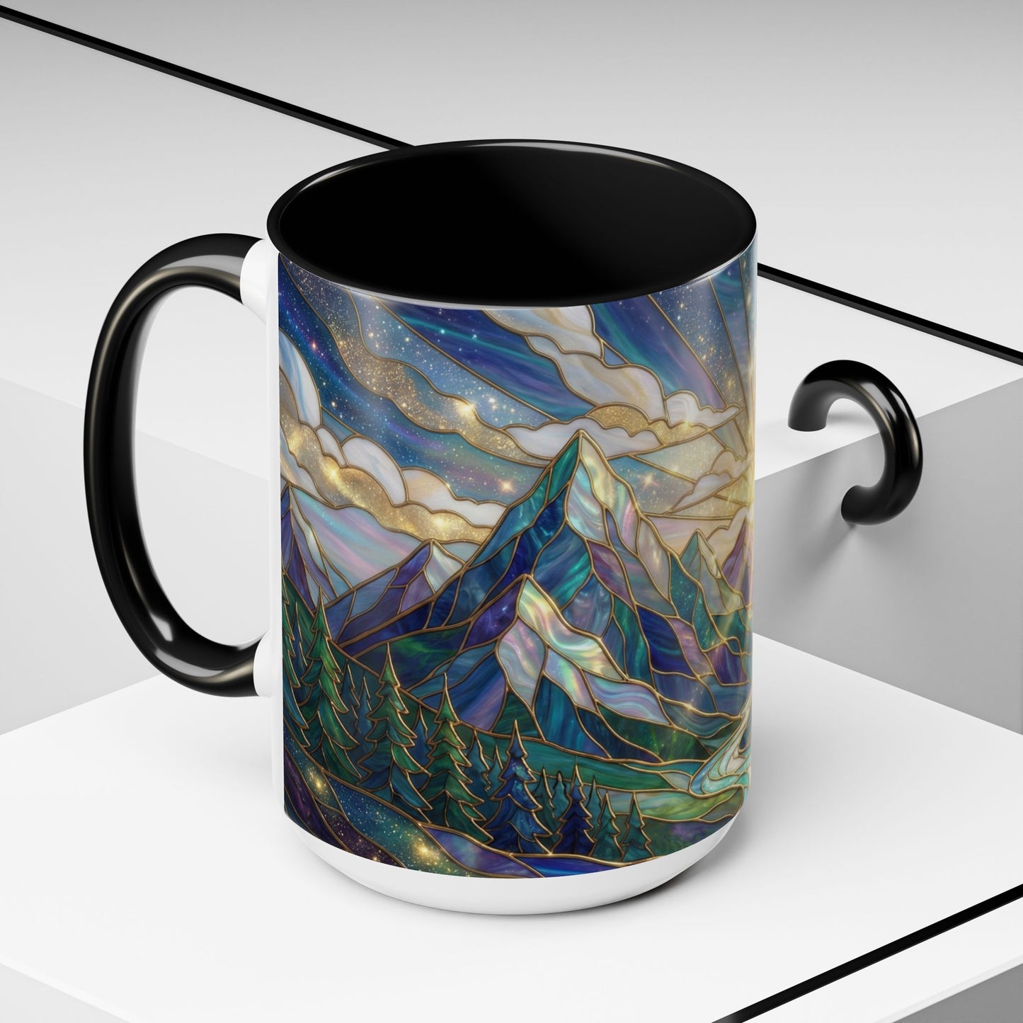 Mountain Art Mug, Scenic Mountain Coffee Cup, Nature Lover Ceramic Mug, Stained Glass Style Landscape, 11oz 15oz Gift, Outdoor Hiking Mug, Unique Coffee Tea Cup