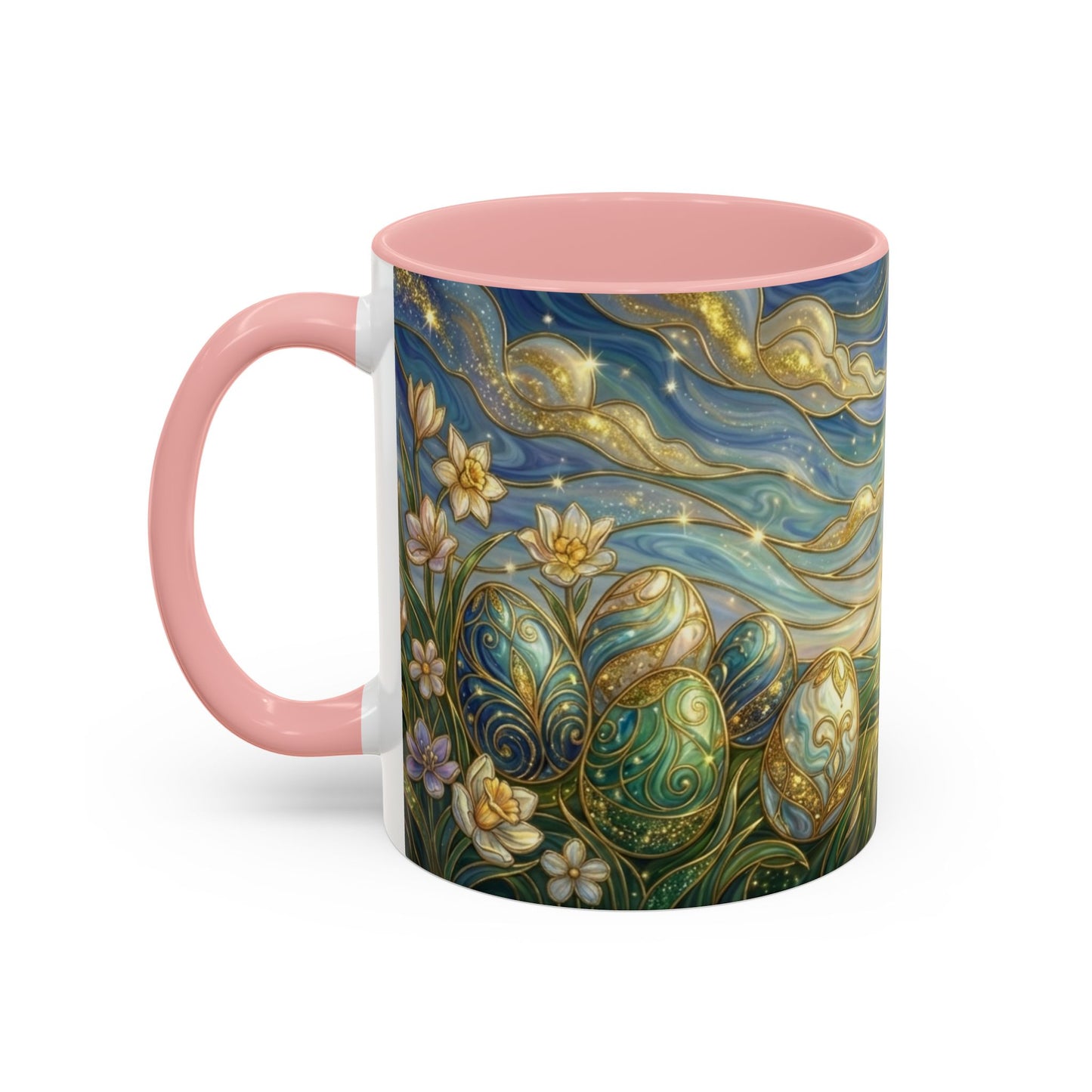 Stained Glass Easter Egg Mug, Magical Spring Floral Coffee Cup, Art Nouveau Fantasy Teacup, Elegant Celestial Starry Sky Mug Gift Idea