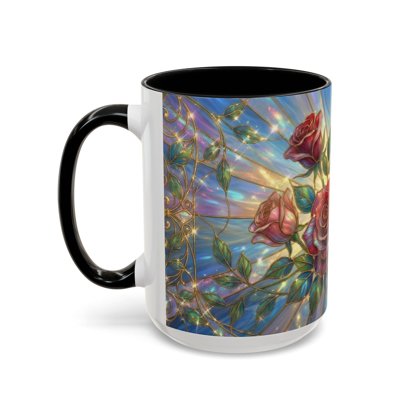 Stained Glass Rose Mug, Floral Art Coffee Cup, Elegant Rose Flower Mug, Blue Gold Glass Style Design, Romantic Gift For Her Decor