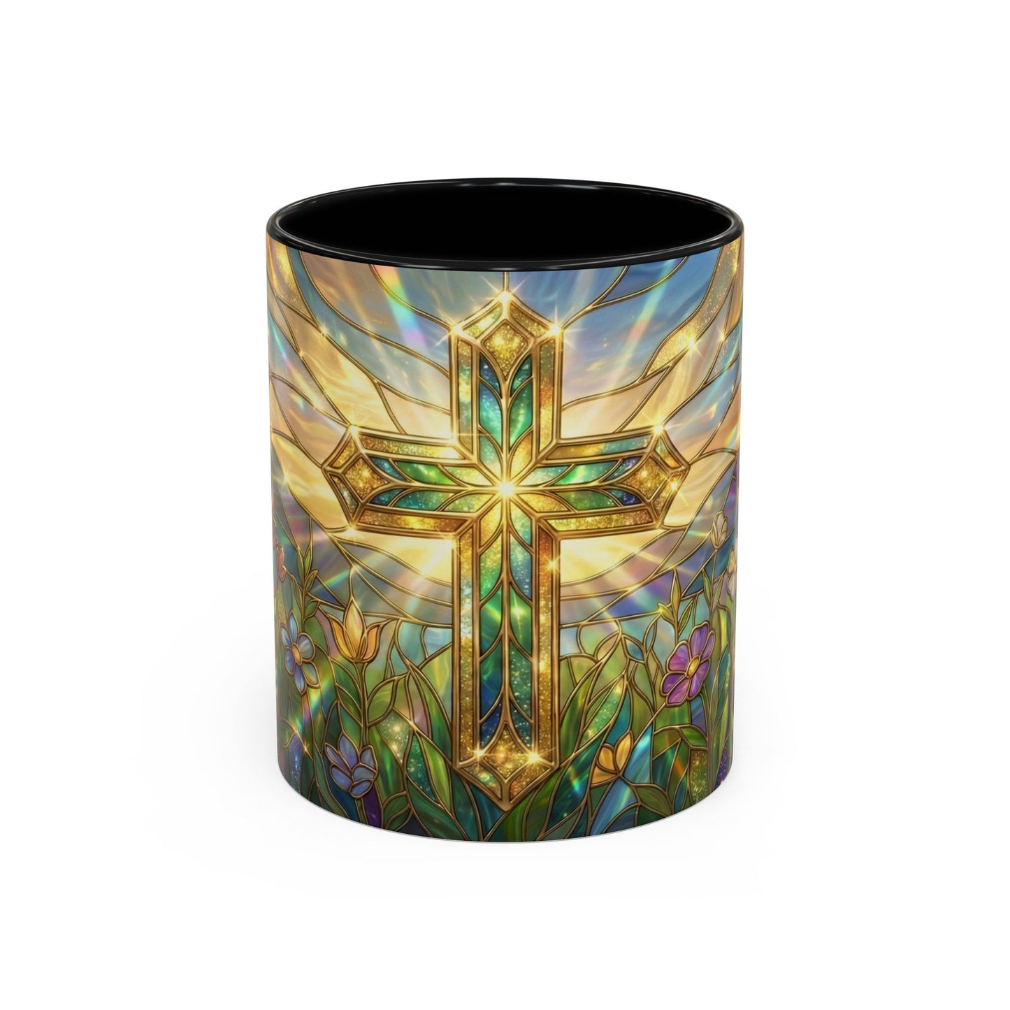 Stained Glass Cross Mug, Christian Coffee Cup With Floral Design, Faith Inspired Ceramic Mug, Religious Gift, 11oz 15oz