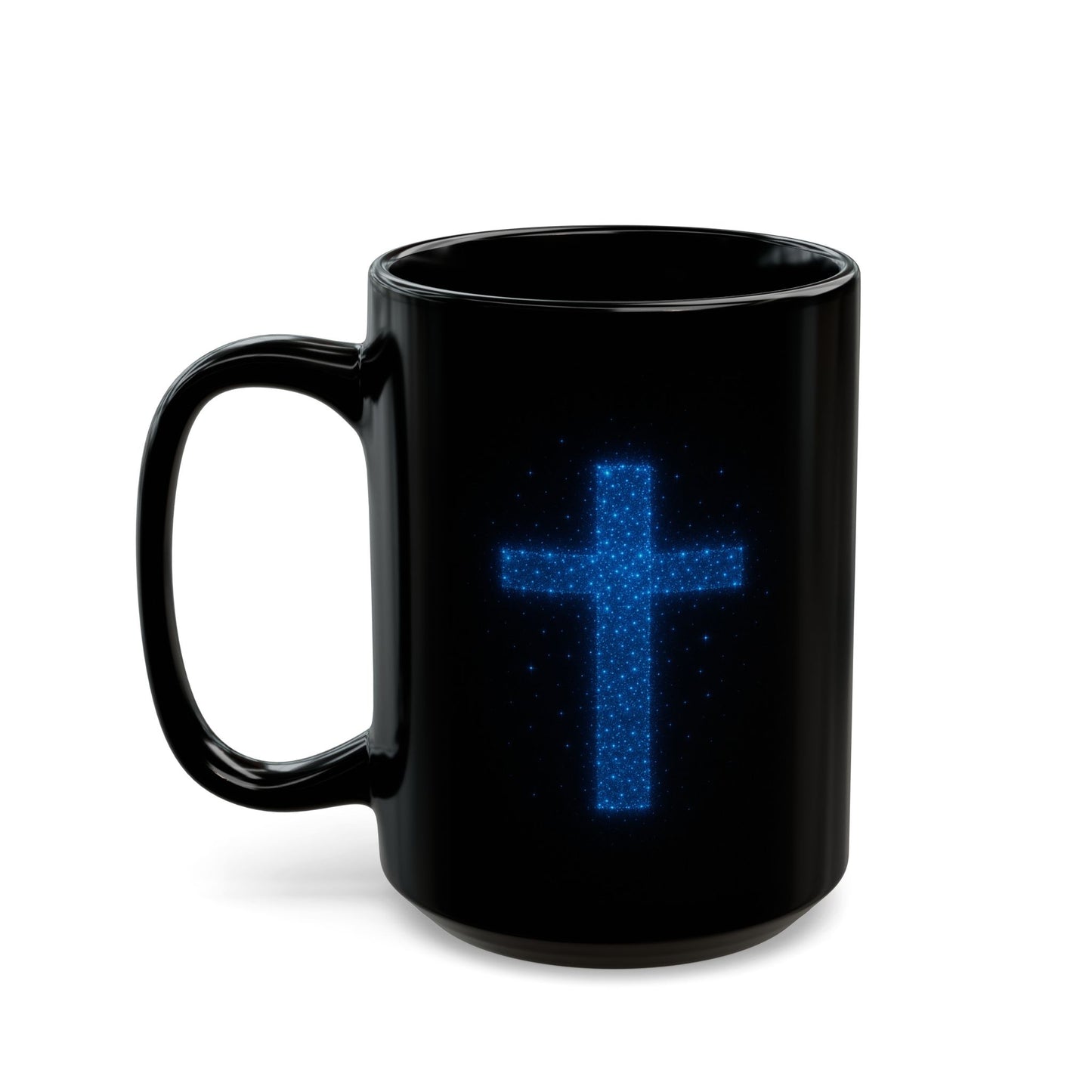 Celestial Cross Mug – Blue Starry Christian Coffee Cup – Faith Based Black Ceramic Mug with Cosmic Cross Design | Religious Gift Idea