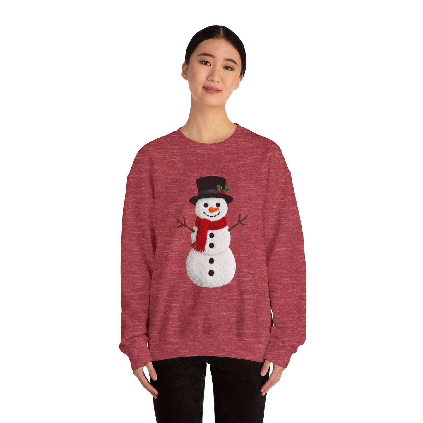 Faux Patchwork Crochet Snowman Sweatshirt, Winter Snowman Crewneck, Cozy Holiday Sweater, Christmas Sweatshirt, Festive Winter Shirt, unisex gift