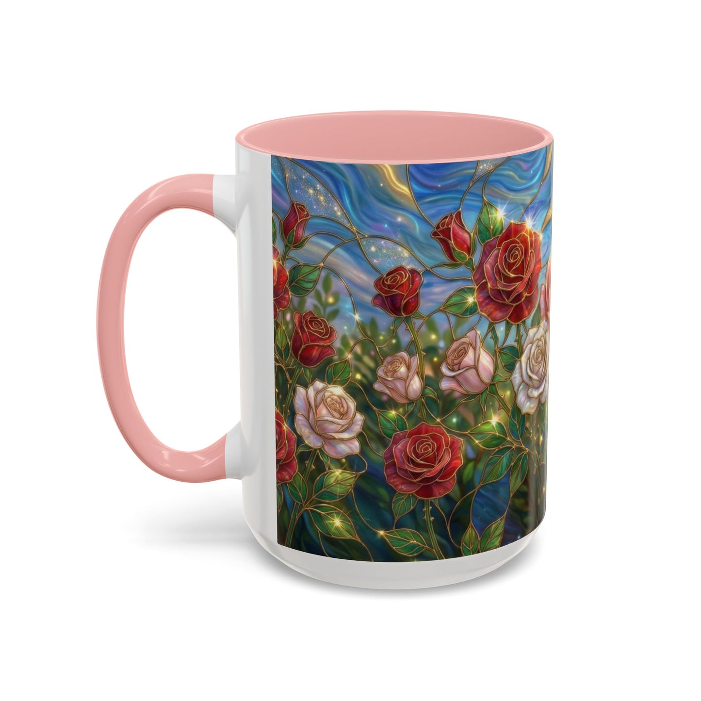 Stained Glass Rose Garden Mug, Floral Rose Coffee Cup, Elegant Flower Mug, Blue Green Gold Glass Style Design, Romantic Gift For Her