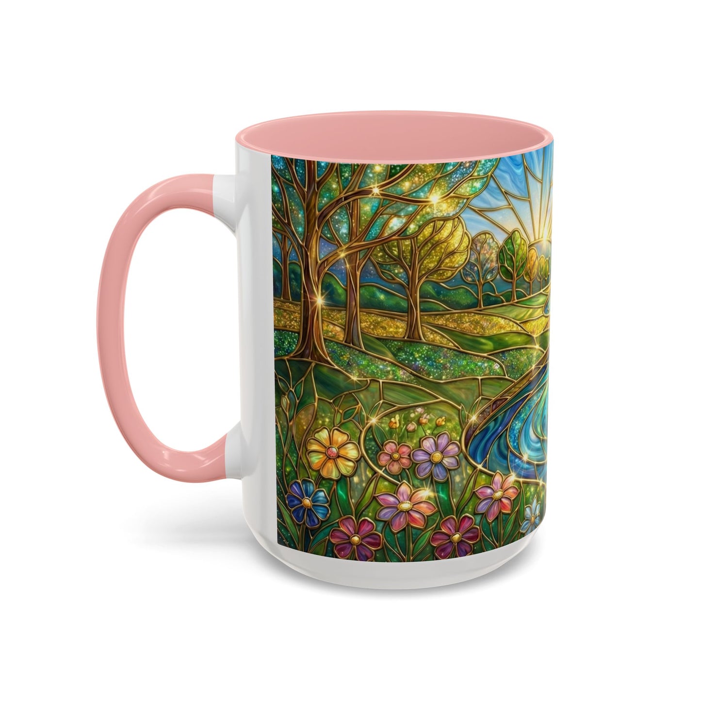Stained Glass Mug, River Landscape Coffee Cup, Nature Lover Gift, Floral Tea Mug, Gardener Present, Art Teacher Gift, Colorful Scenery Cup