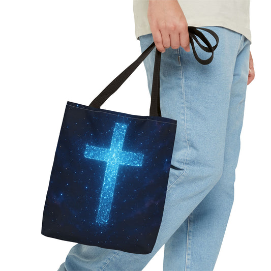 Sparkling Cross Tote Bag - Inspirational Blue Cosmic Bag Christian Tote Spiritual Bag Inspirational Tote Bag