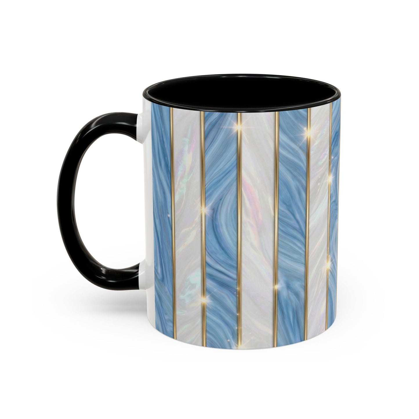 Faux Stained Glass Mug, Blue Pearlescent Coffee Cup, Art Deco Stained Glass Decor, Elegant Gold Stripe Teacup, Unique Art Gift For Her