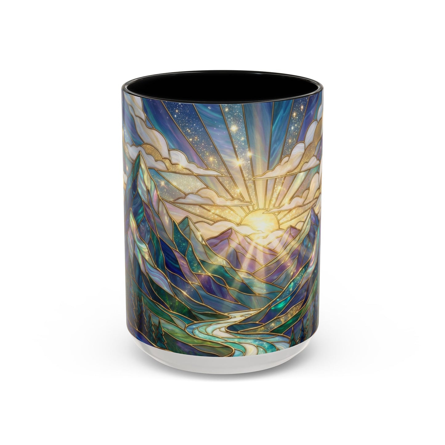 Mountain Art Mug, Scenic Mountain Coffee Cup, Nature Lover Ceramic Mug, Stained Glass Style Landscape, 11oz 15oz Gift, Outdoor Hiking Mug, Unique Coffee Tea Cup