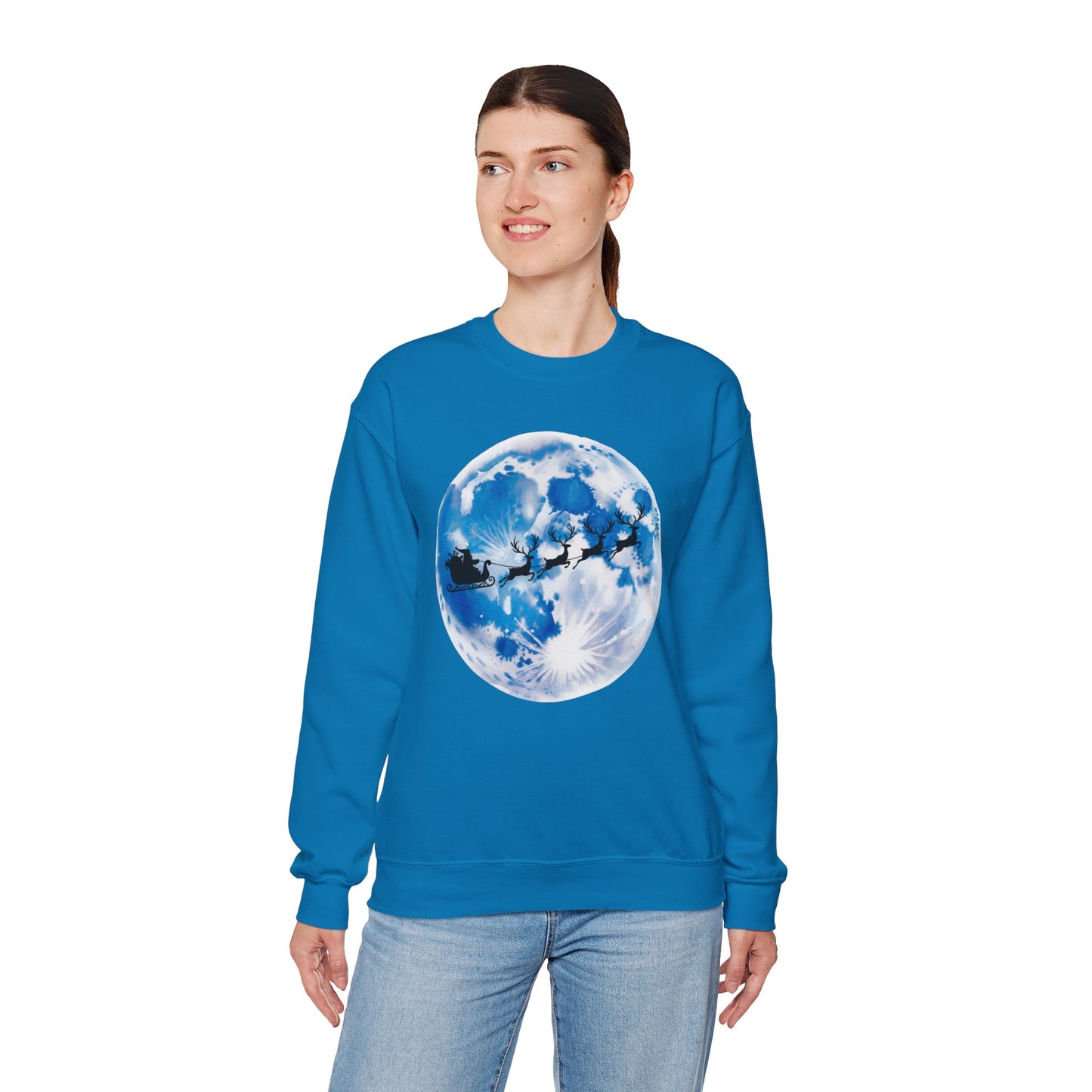 Santa And Reindeer Full Moon Christmas Sweatshirt, Holiday Night Sky Sweater, Cozy Unisex Crewneck, Festive Gift For Christmas Lovers