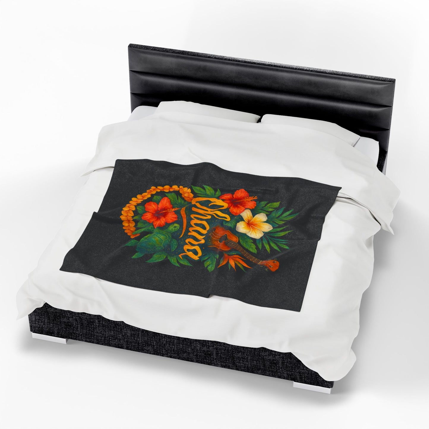 Ohana Hawaiian Blanket - Tropical Floral Turtle Ukulele Throw - Polynesian Island Bedding - Hawaii Gift - Cozy Beach Vibes Decor