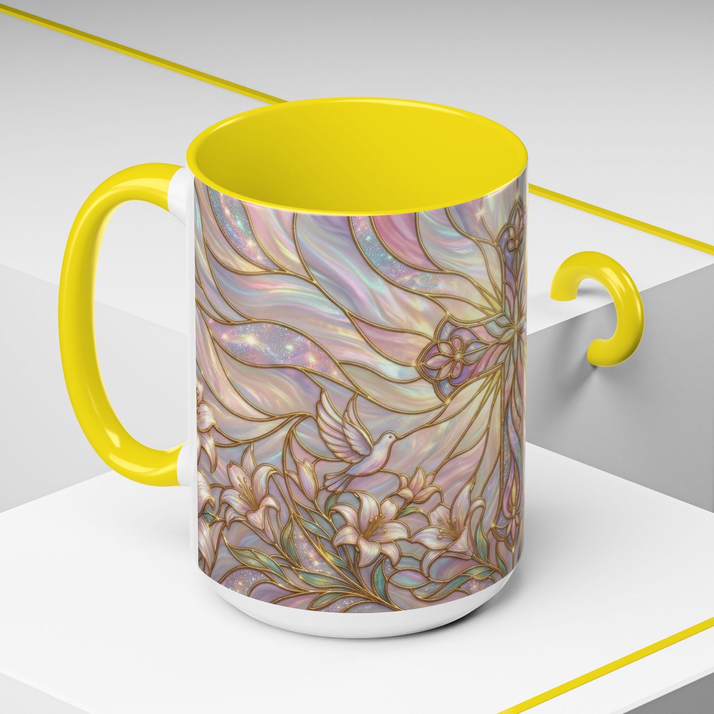 Stained Glass Cross Mug, Easter Lily Coffee Cup, Christian Gift for Women, Pastel Religious Drinkware, Dove and Faith Cup, Spiritual