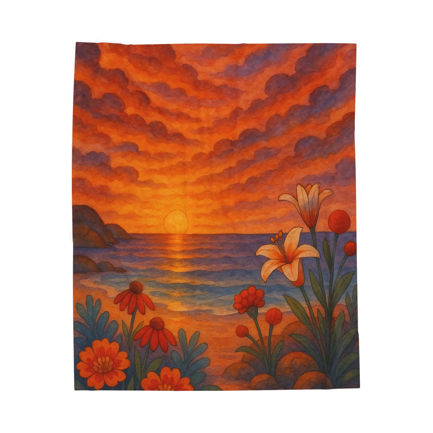 Sunset Floral Blanket – Cozy Beach Sunset Throw with Flowers | Colorful Velveteen Plush Blanket for Couch, Bed, or Gift