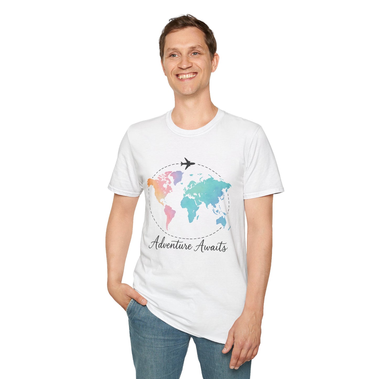 Adventure Awaits Travel Shirt | Watercolor World Map Tee for Women and Men | Wanderlust Gift for Travelers, Hikers, Campers, Beach Lovers