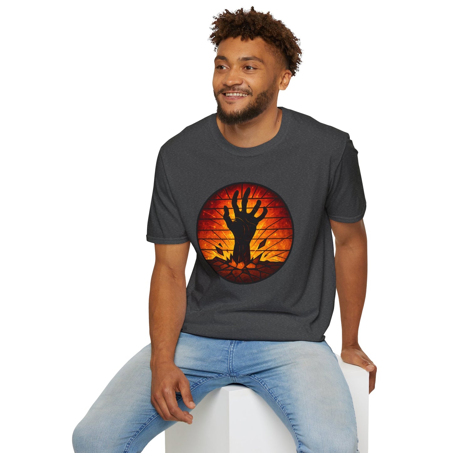 Zombie Hand Sunset T-Shirt – Stained Glass Horror Shirt, Halloween Gothic Tee, Undead Rising Art Tee, Creepy Spooky Shirt for Fall