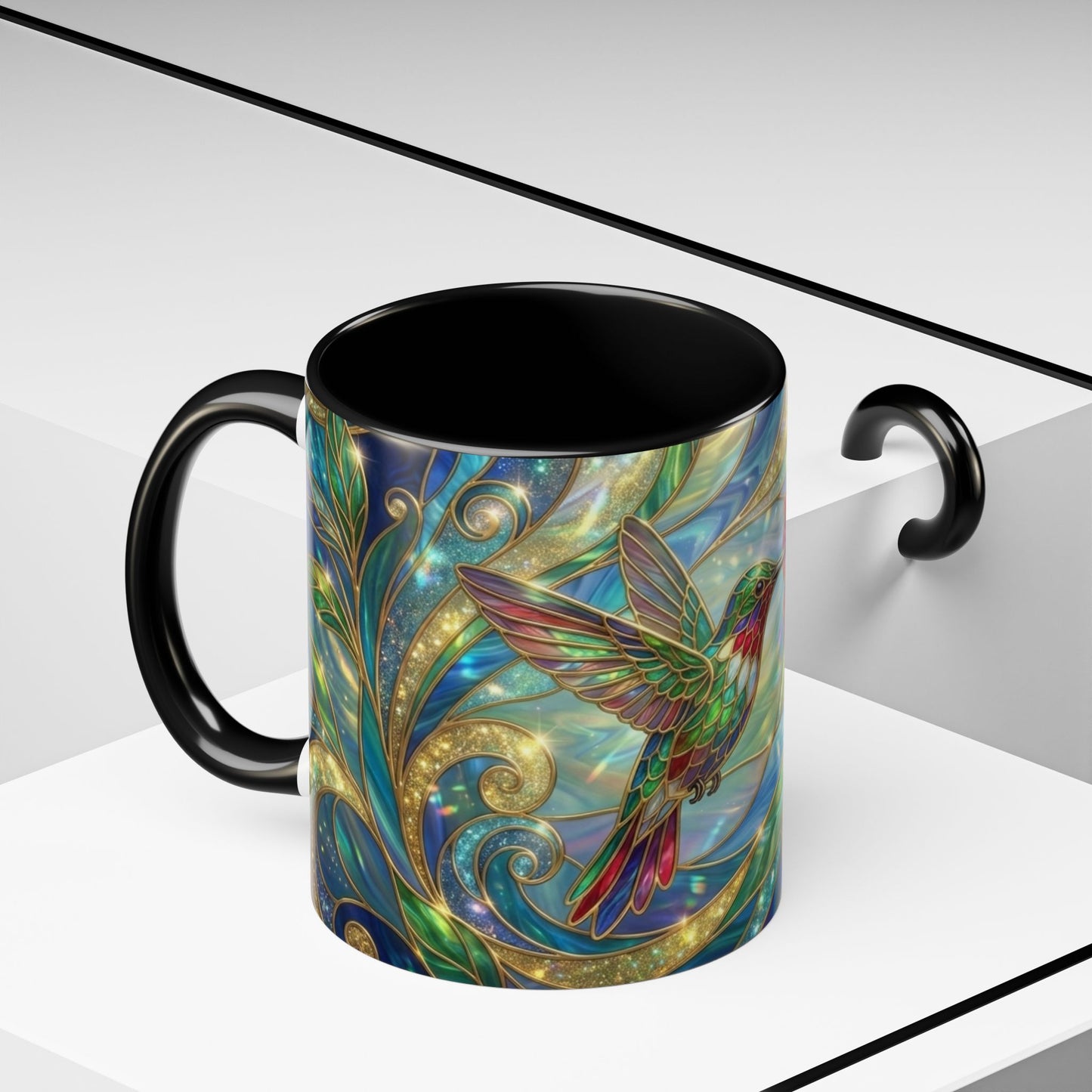 Stained Glass Hummingbird Mug, Colorful Floral Coffee Cup, Bird And Flower Art Mug, Nature Lover Gift, Artistic Garden Mug, Unique Gift