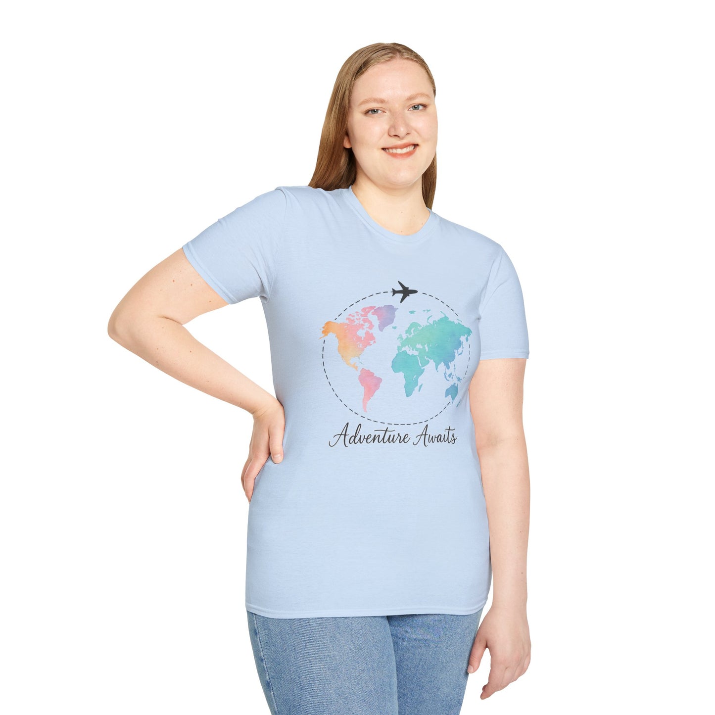 Adventure Awaits Travel Shirt | Watercolor World Map Tee for Women and Men | Wanderlust Gift for Travelers, Hikers, Campers, Beach Lovers