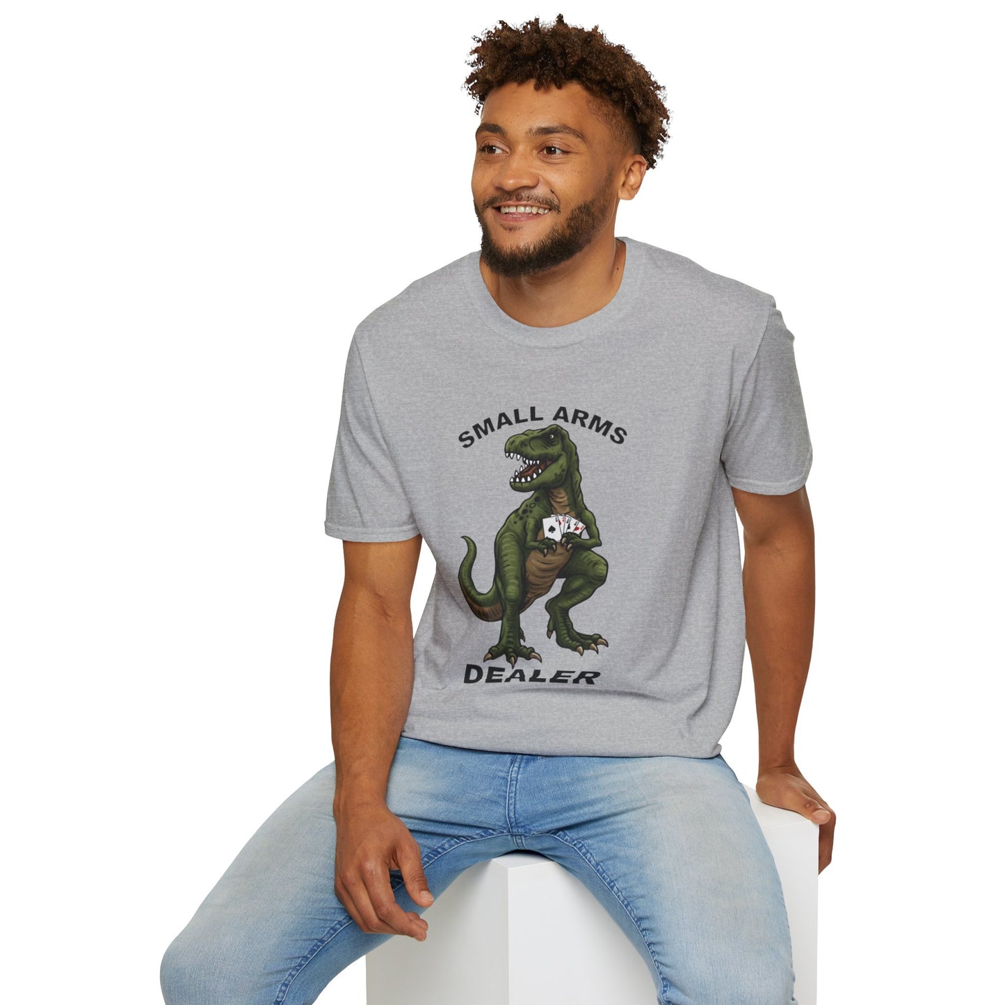 Funny Small Arms Dealer T-Rex Shirt, Dinosaur Pun Tee, Hilarious Graphic T-Shirt for Men & Women, Great Gift for Dad, Friend, or Coworker