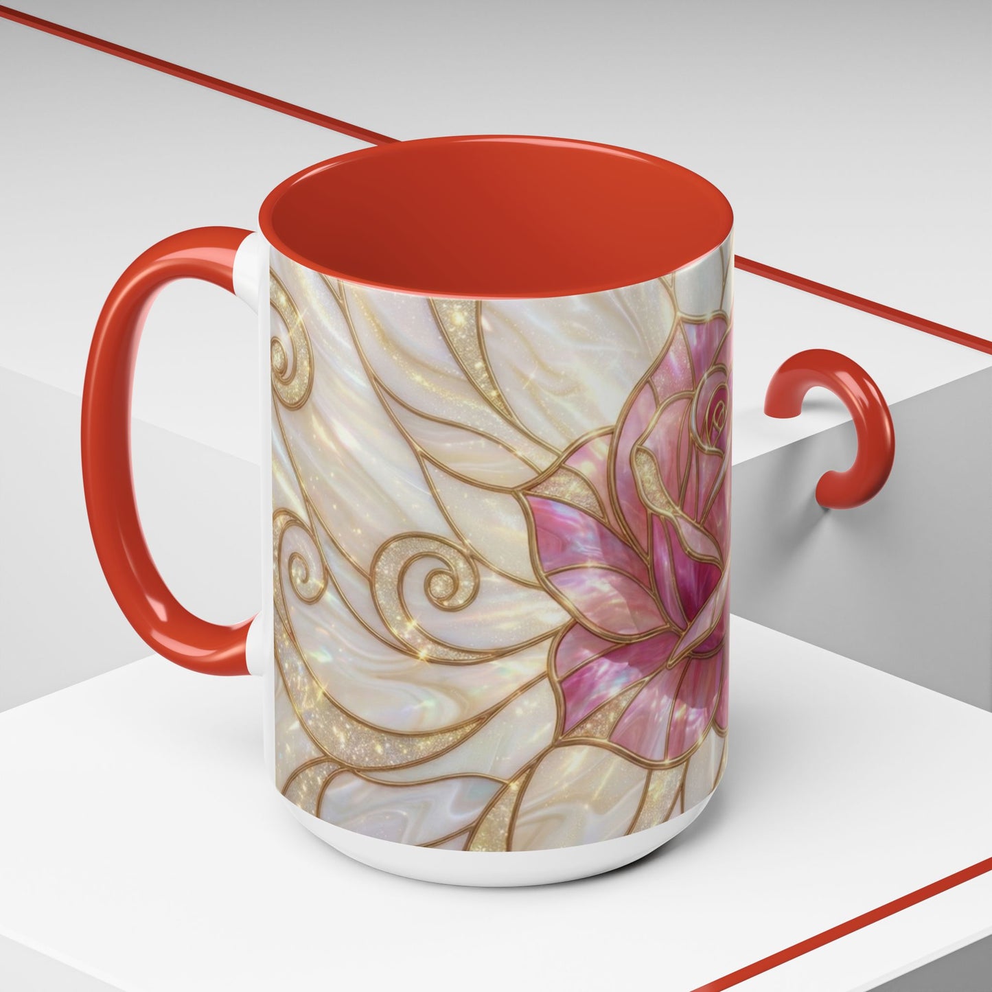 Pink Rose Stained Glass Mug, Gold Floral Coffee Cup, Romantic Flower Tea Cup, Gardener Gift For Mom, Botanical Art, Wife Birthday Gift