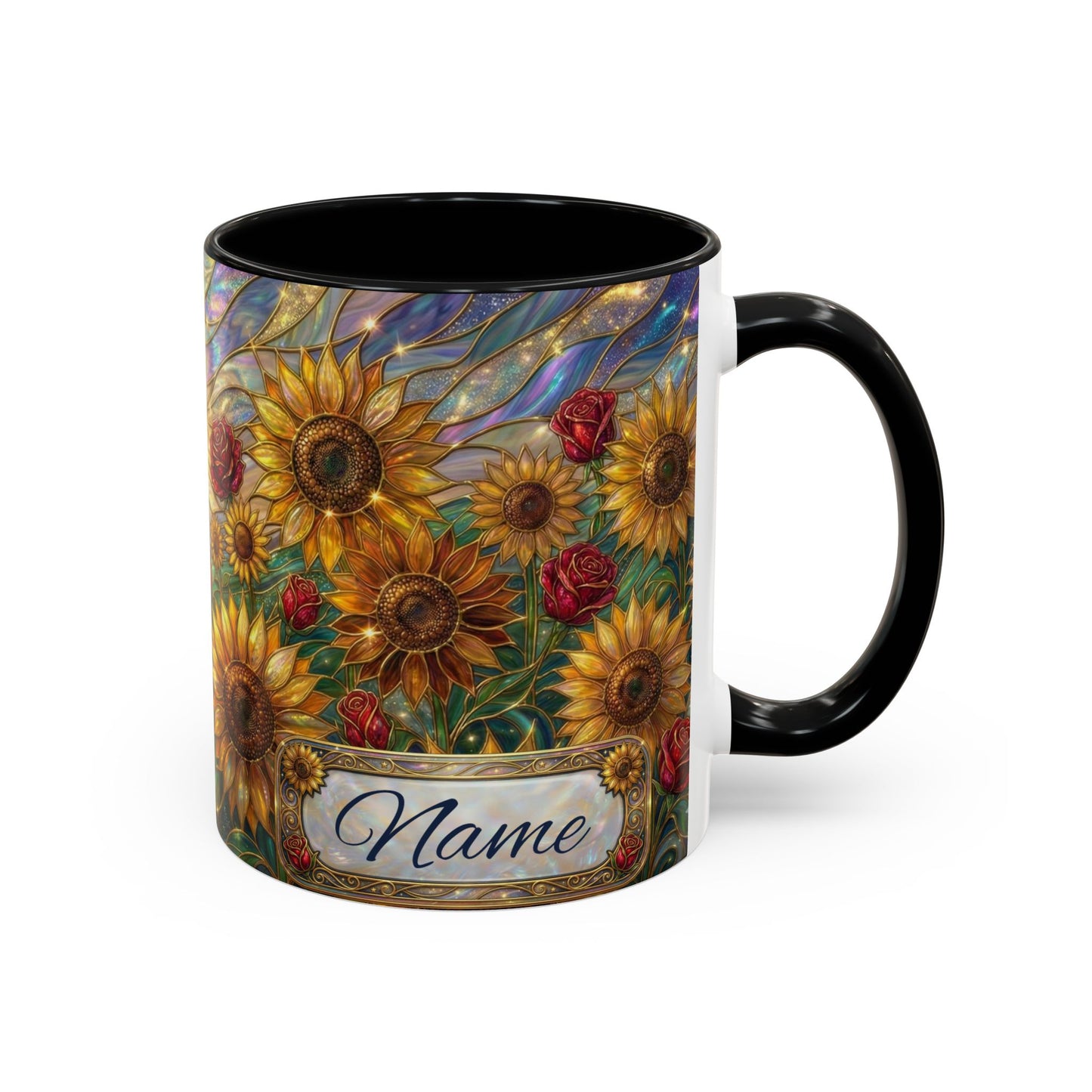 Personalized Stained Glass Sunflower Mug, Custom Red Rose Floral Coffee Cup, Celestial Night Sky Botanical Teacup, Gift For Flower Lover