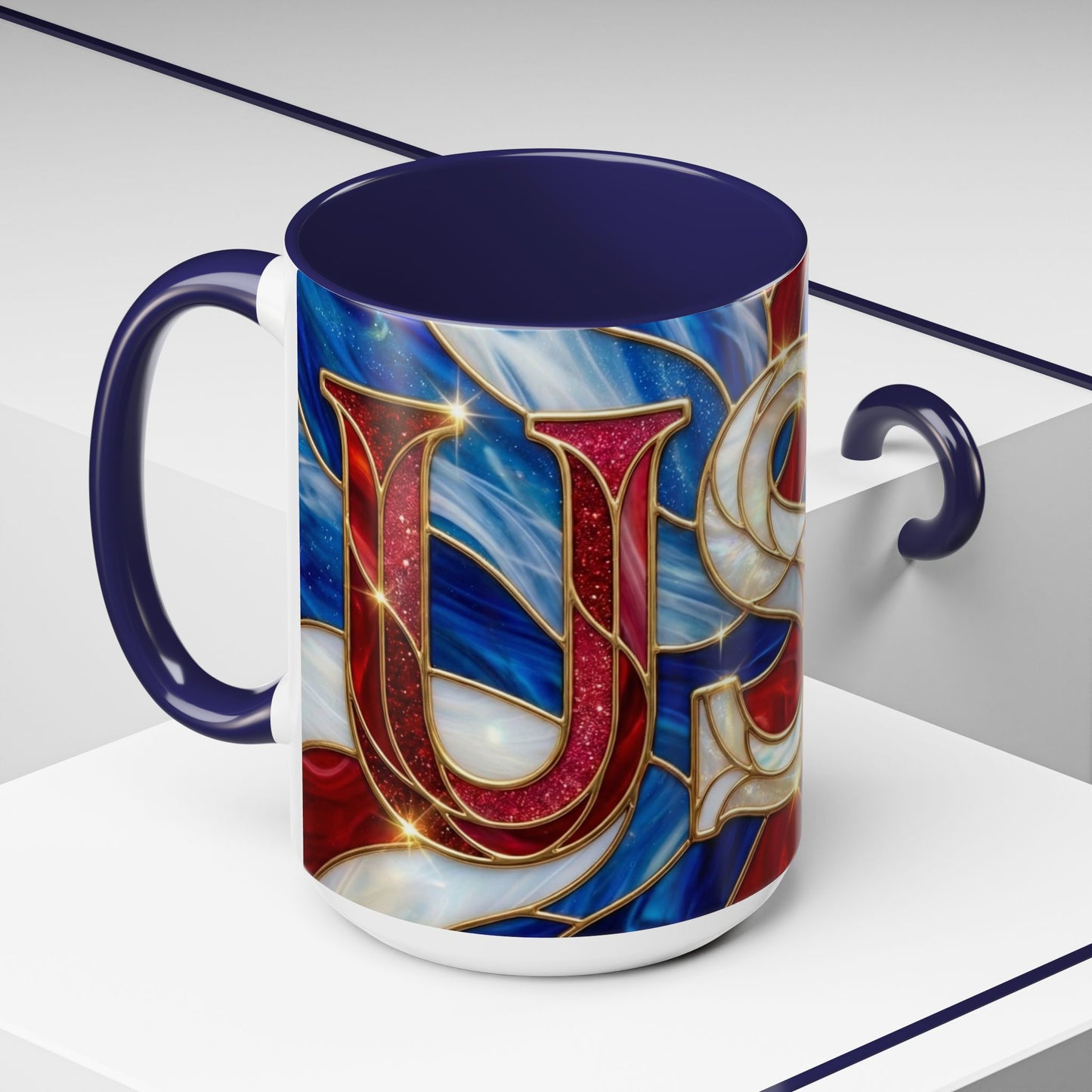 USA Patriotic Coffee Mug, Stained Glass USA Mug, Red White Blue Ceramic Mug, American Flag Style Mug, 11oz 15oz Mug