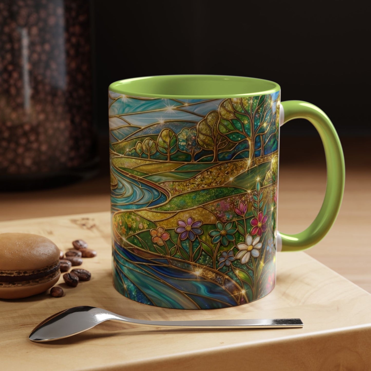 Stained Glass Mug, River Landscape Coffee Cup, Nature Lover Gift, Floral Tea Mug, Gardener Present, Art Teacher Gift, Colorful Scenery Cup