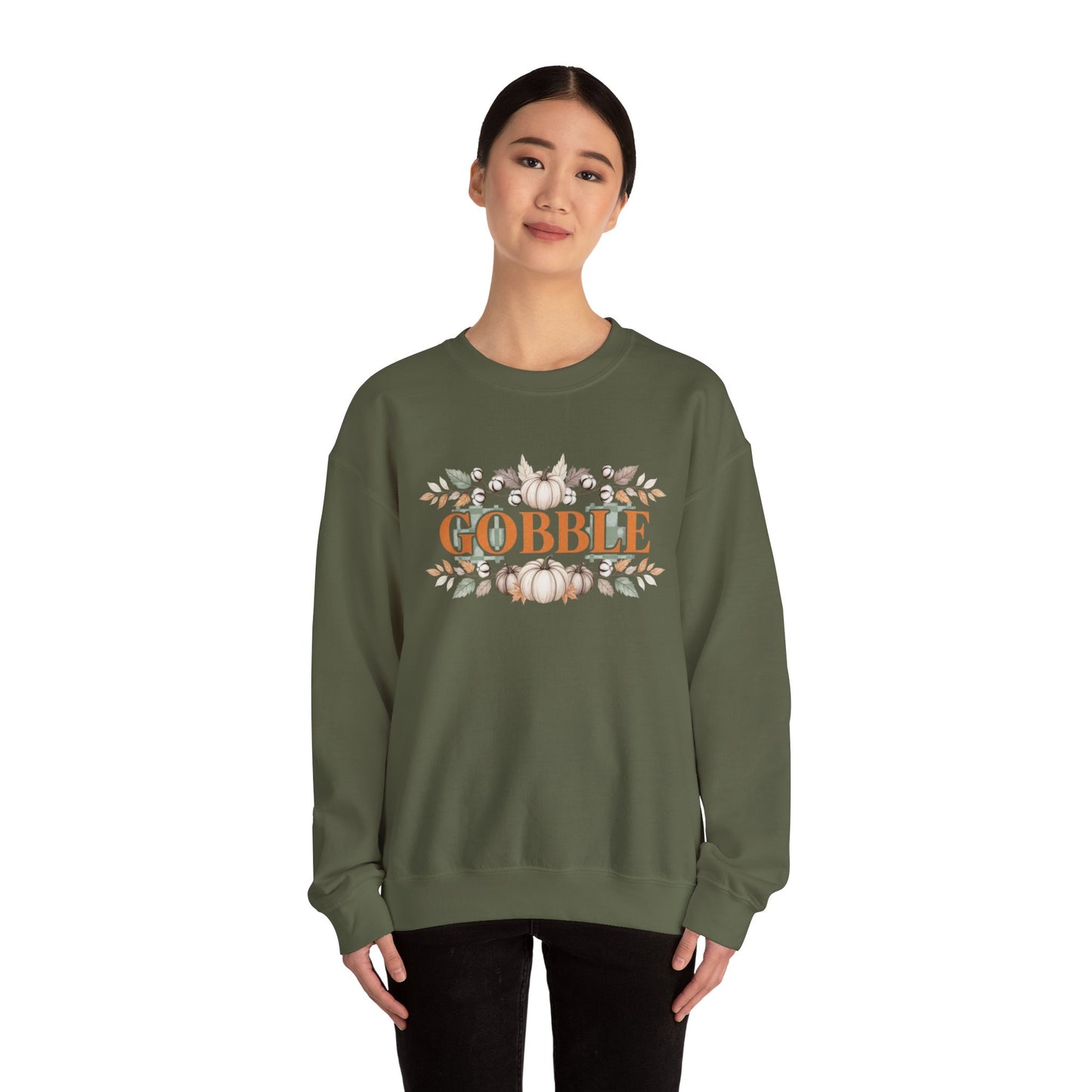 Gobble Thanksgiving Sweatshirt, Neutral Fall Pumpkin Crewneck, Autumn Cotton Stems Leaves Pullover, Cozy Rustic Thanksgiving Top