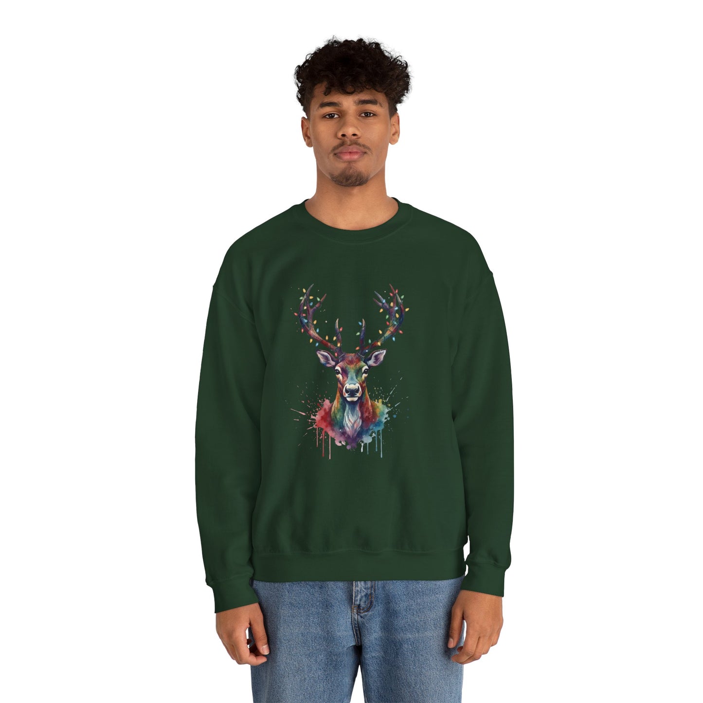 Colorful Reindeer Christmas Sweatshirt, Holiday Deer Lights Sweater, Watercolor Winter Crewneck, Festive Cozy Gift For Him Or Her