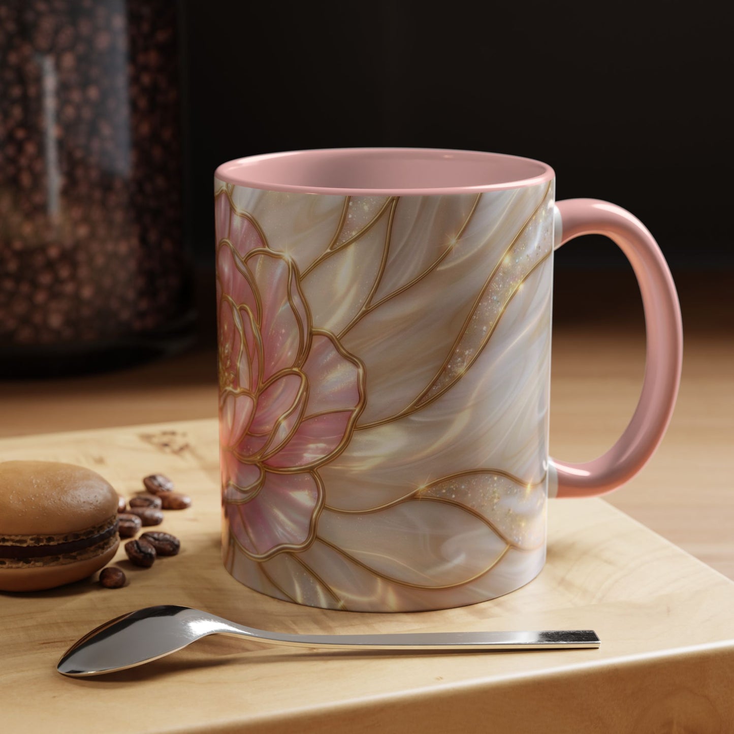 Pink Peony Stained Glass Mug, Gold Floral Coffee Cup, Elegant Flower Gift For Her, Fairycore Tea Cup, Mothers Day Present, Pearl Art Decor