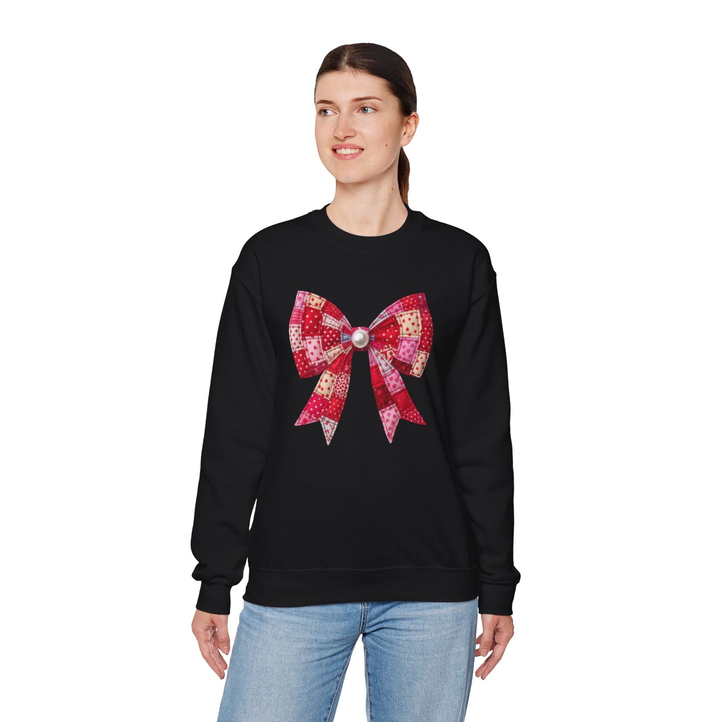 Faux Patchwork Bow Sweatshirt, Quilted Look Bow Crewneck, Pearl Bow Pullover, Cozy Coquette Sweatshirt, Girly Valentine Gift