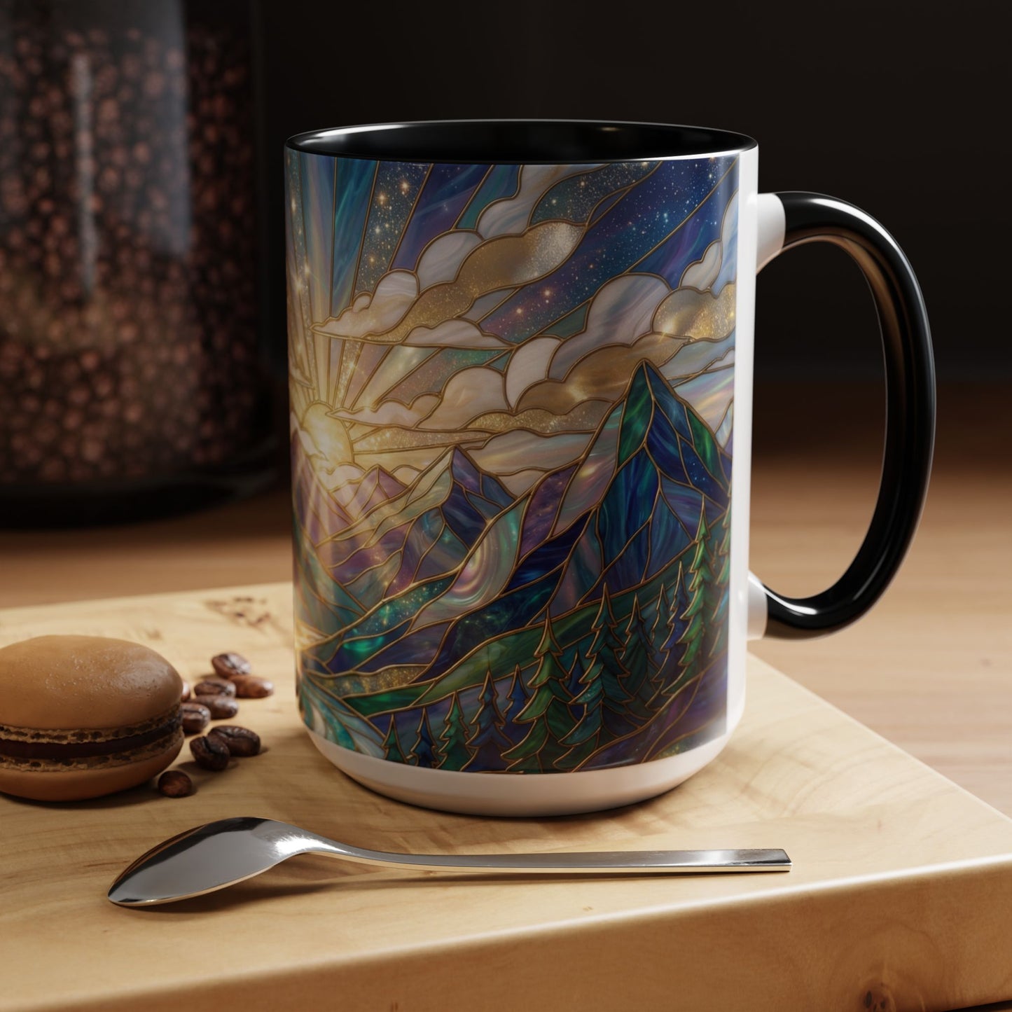 Mountain Art Mug, Scenic Mountain Coffee Cup, Nature Lover Ceramic Mug, Stained Glass Style Landscape, 11oz 15oz Gift, Outdoor Hiking Mug, Unique Coffee Tea Cup