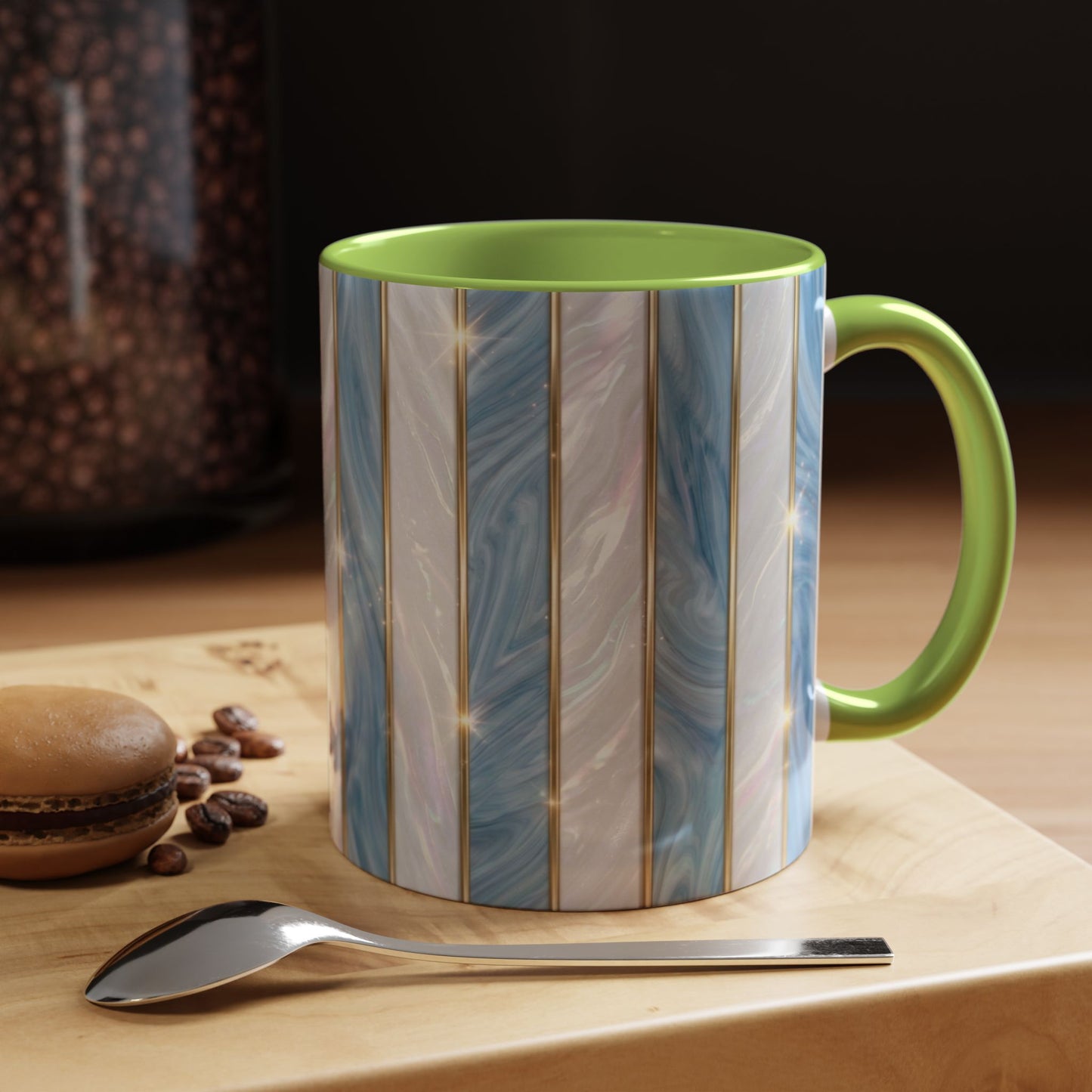 Faux Stained Glass Mug, Blue Pearlescent Coffee Cup, Art Deco Stained Glass Decor, Elegant Gold Stripe Teacup, Unique Art Gift For Her