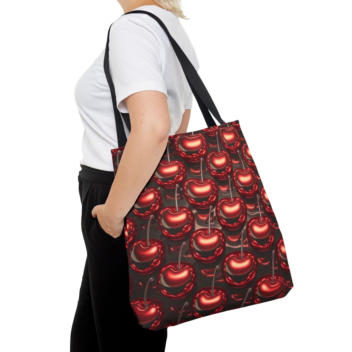 Glossy Cherry Pattern Canvas Tote Bag – Retro Black & Red Cherry Print, Coquette Cottagecore Aesthetic Shopper Tote, Fruit Lover Gift