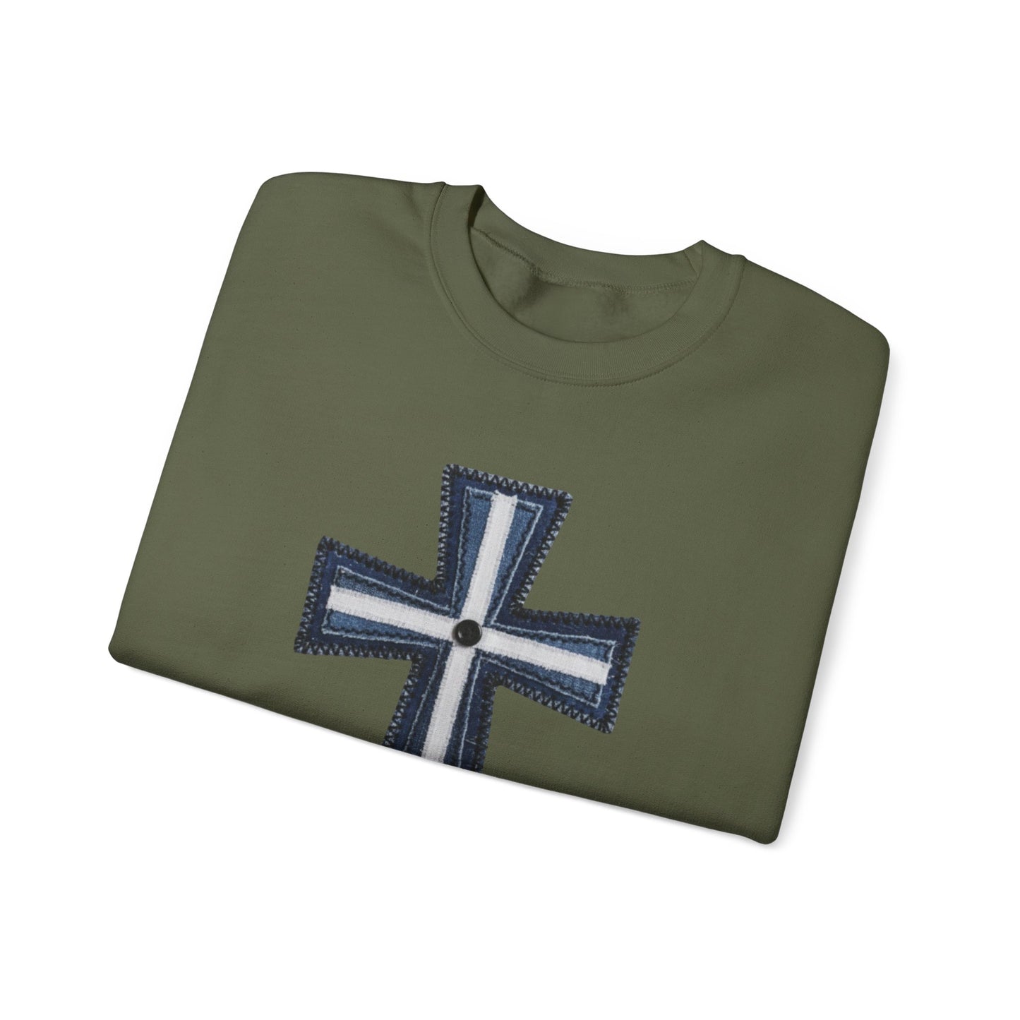 Faux Patchwork Cross Sweatshirt, Christian Patchwork Style Crewneck, Faith Gift for Women Men, Rustic Cross Sweatshirt, Religious Xmas Gift