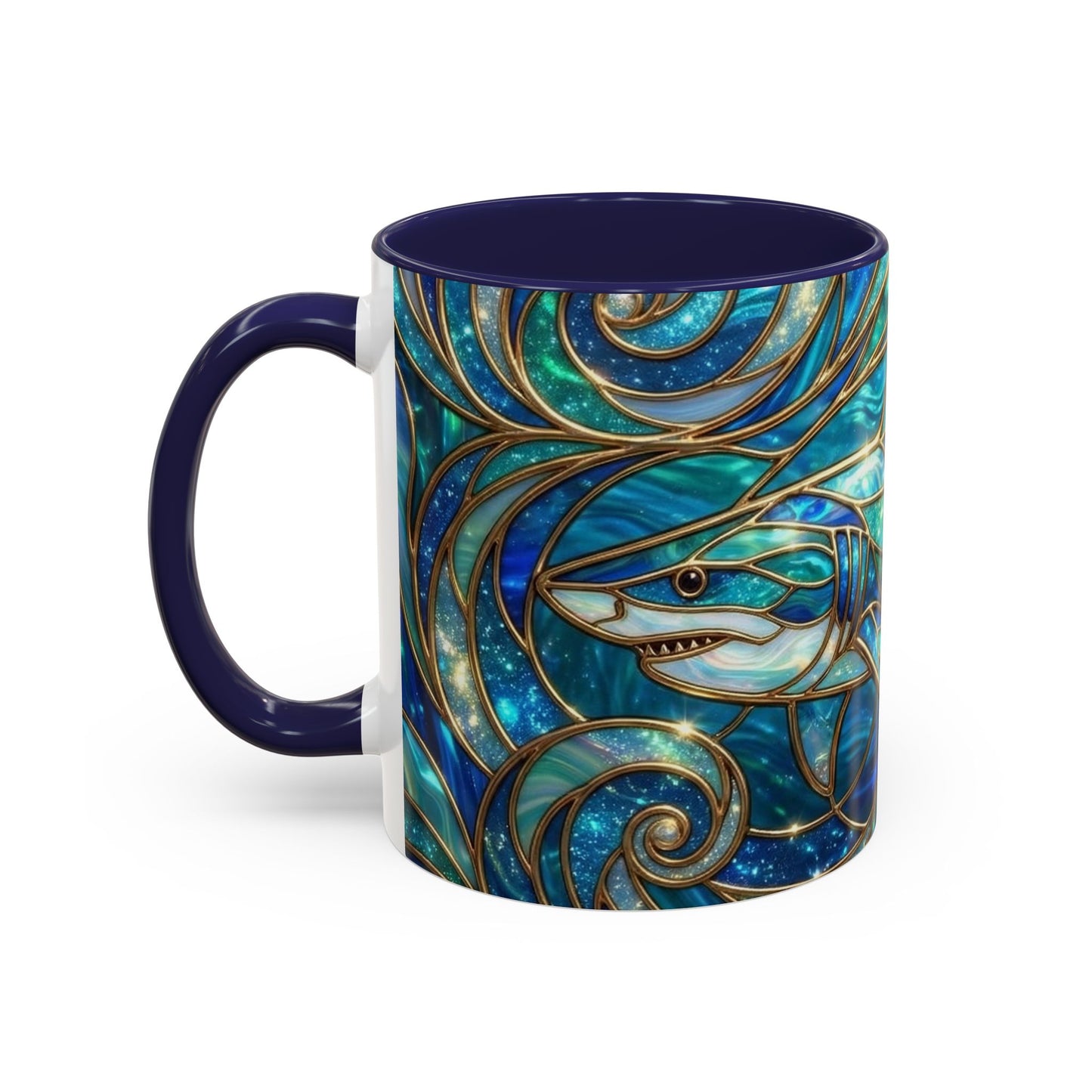 Stained Glass Shark Mug, Ocean Art Coffee Cup, Blue Shark Gift, Sea Life Ceramic Mug, Artistic Shark Design, Marine Lover Gift, Unique Ocean Mug