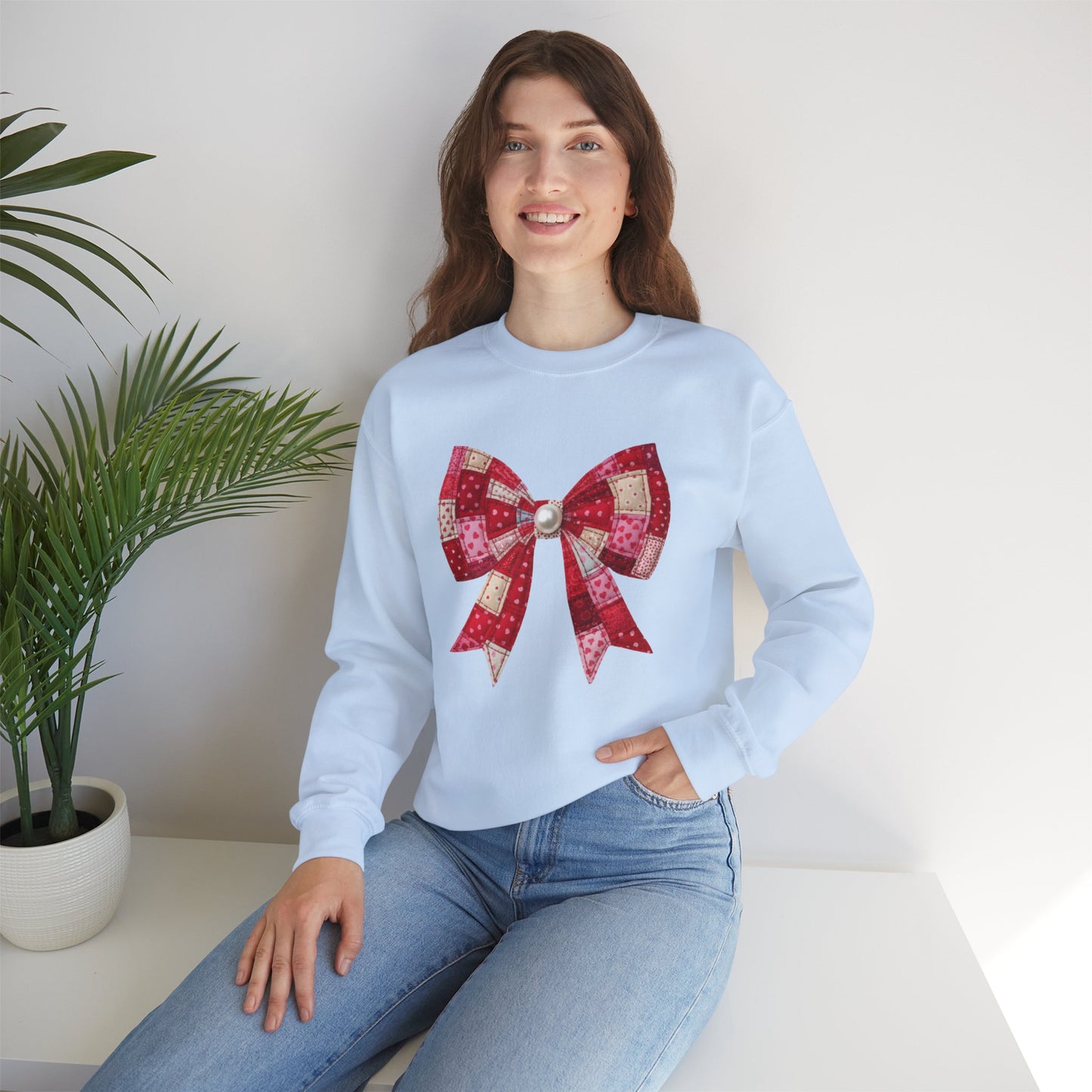 Faux Patchwork Bow Sweatshirt, Quilted Look Bow Crewneck, Pearl Center Bow Pullover, Cozy Coquette Sweatshirt, Girly Gift