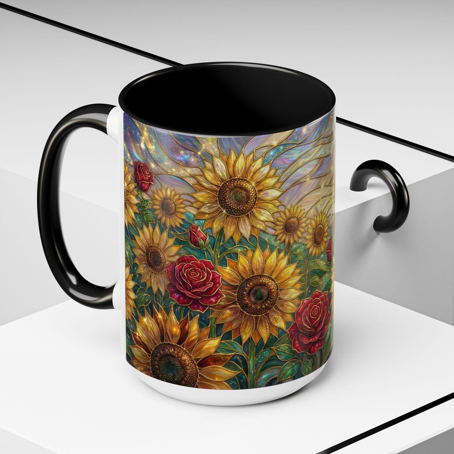 Personalized Stained Glass Sunflower Mug, Custom Red Rose Floral Coffee Cup, Celestial Night Sky Botanical Teacup, Gift For Flower Lover