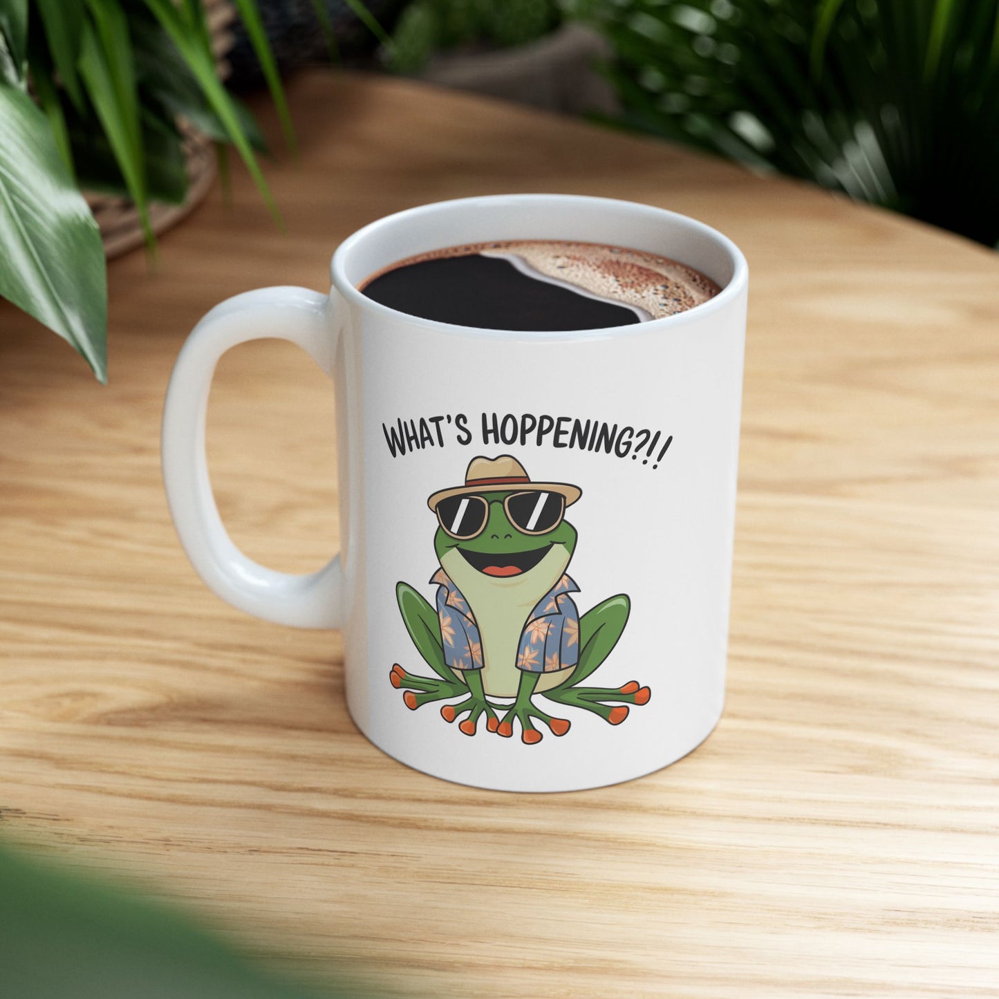 What’s Hoppening?! Frog Mug – Funny Tropical Frog in Hawaiian Shirt Coffee Cup, Cute Animal Ceramic Mug, Funky Gift for Frog Lovers