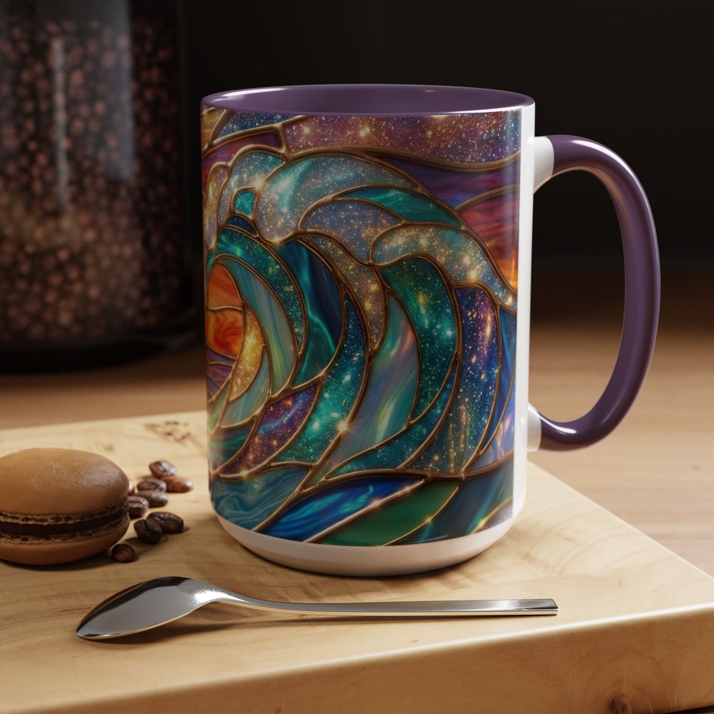 Stained Glass Wave Mug, Cosmic Ocean Coffee Cup, Celestial Sunrise Tea Mug, Surfer Beach Decor Gift, Starry Sea Art, Ocean Lover Cup