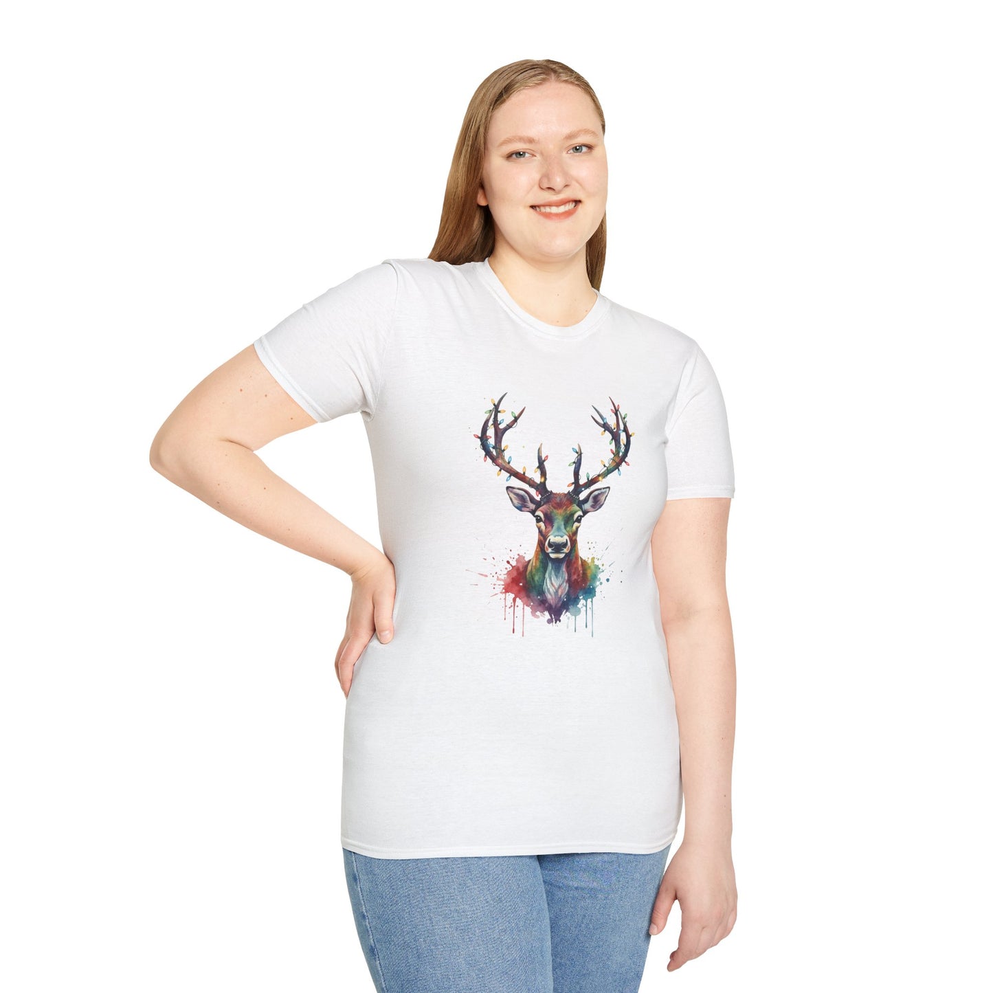 Christmas Deer Shirt, Watercolor Buck T-Shirt, Deer With Christmas Lights Tee, Holiday Wildlife Art Shirt, Colorful Deer Head Xmas Tee