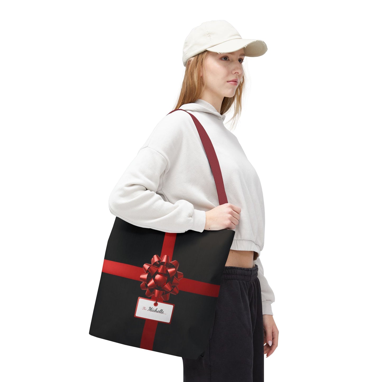 Custom Name Christmas Gift Tote Bag, Personalized Present Design Bag, Holiday Red Bow Tote, Festive Reusable Gift Bag For Her Or Him