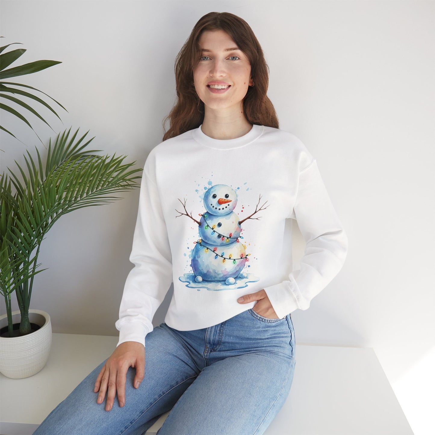 Watercolor Snowman Christmas Sweatshirt, Cute Snowman Crewneck for Winter, Holiday Lights Snowman Sweater, Cozy Unisex Christmas Gift