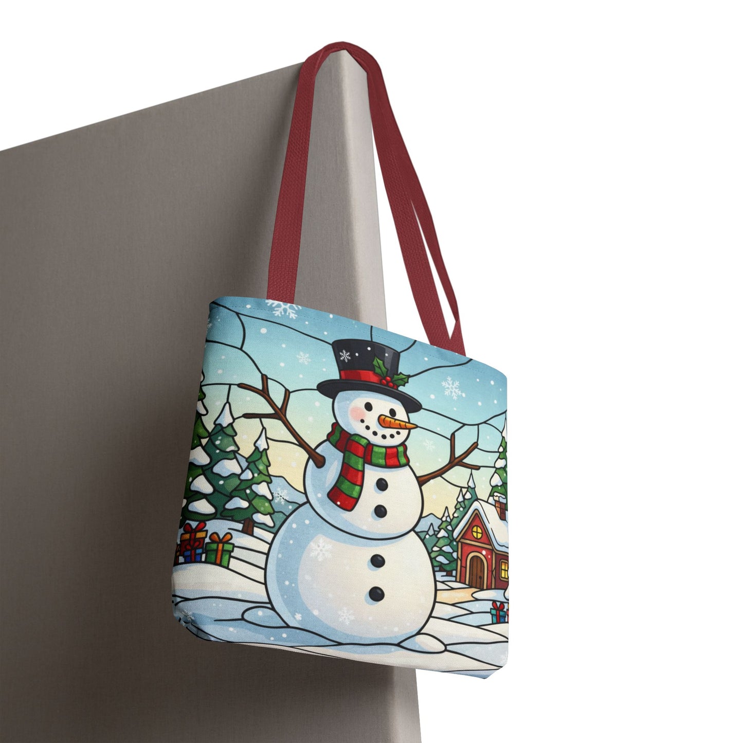 Stained Glass Snowman Christmas Tote Bag, Holiday Art Tote, Festive Winter Gift Bag, Colorful Christmas Scene Reusable Shopping Bag